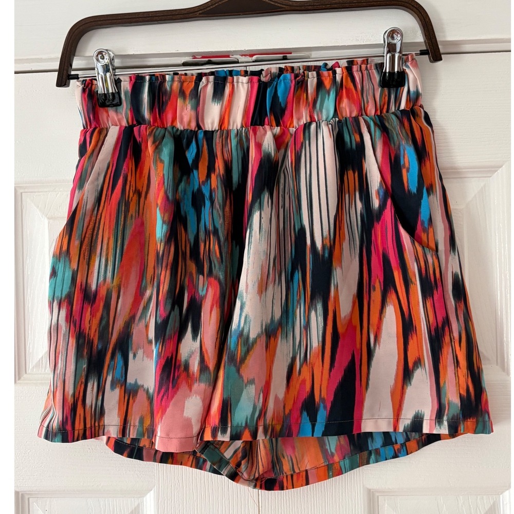 Tyche Los Angeles Women Abstract Print Elastic Waist Shorts Pink Orange Teal M